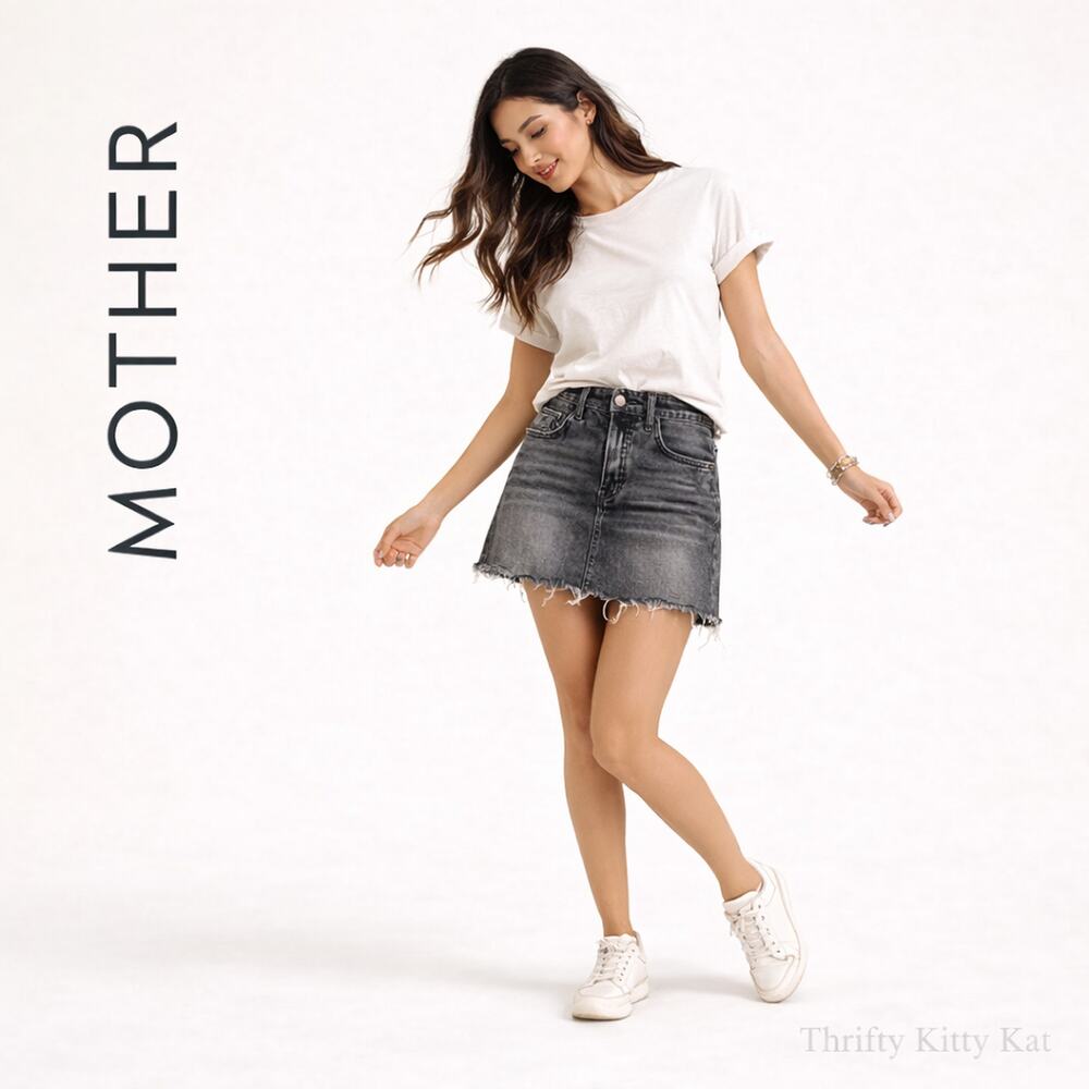 Mother The Vagabond Mini Fray Denim Skirt Button Fly Raw Hem Midnight‎ Races 30